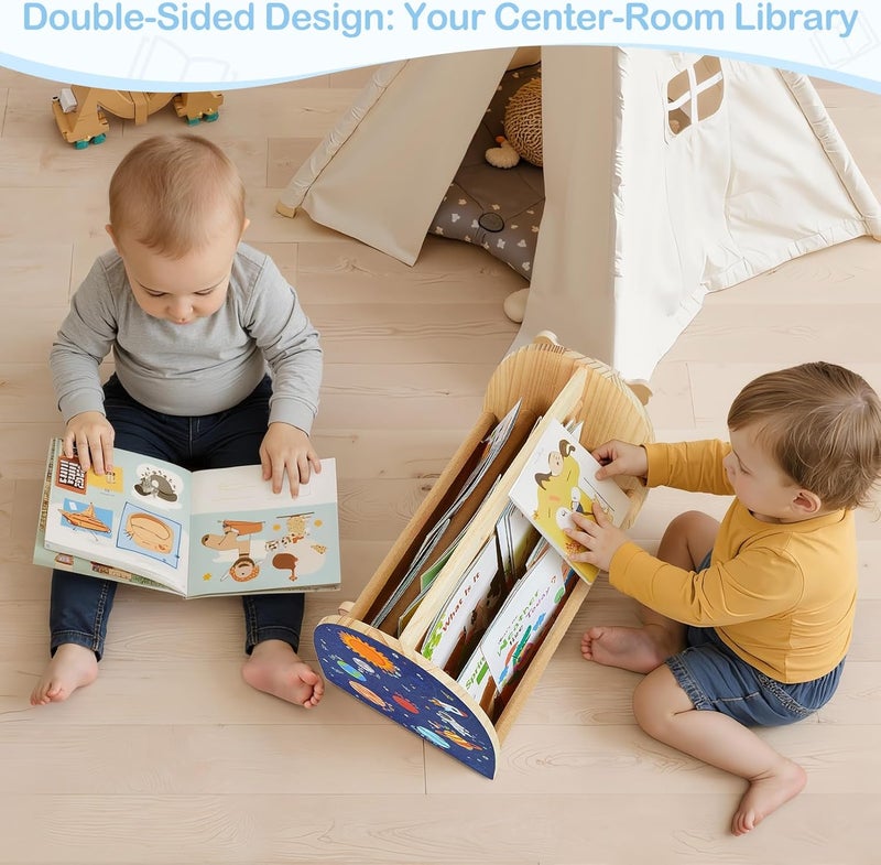 SheSeek Toddler Bookshelf Double-Sided with 4 Tier Deep Sleeves Kids Wooden Montessori Book Rack for Baby Nursery Room, Playroom, Classroom or Bedroom Bookcase Storage Organizer, Blue Astronaut - Image 3
